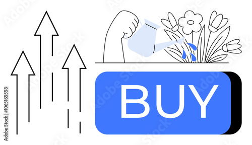 Hand holding a watering can, pouring water on flowers near a large blue BUY button, showing investment growth. Ideal for e-commerce, business growth, online shopping, investments, marketing
