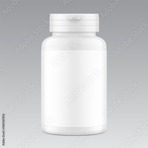 White plastic bottle container with snap-hinge cap. Vector illustration isolated on grey background. Front view. Mockup perfect show your product with tamper evident push-on hinged cap. EPS10.