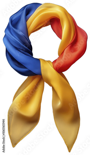 A silk scarf folded into a triangle with blue yellow and red sections