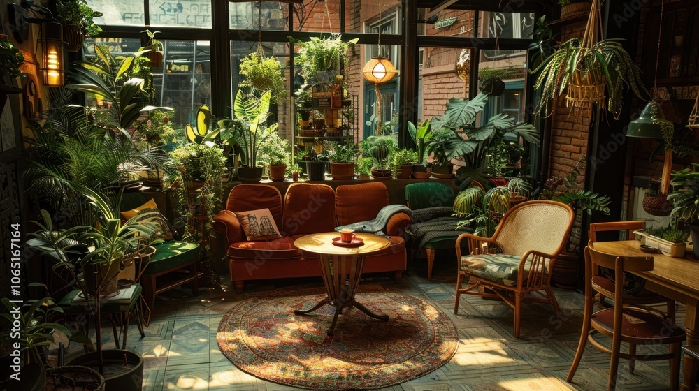 Fototapeta premium Cozy Greenhouse Interior Design with Lush Greenery