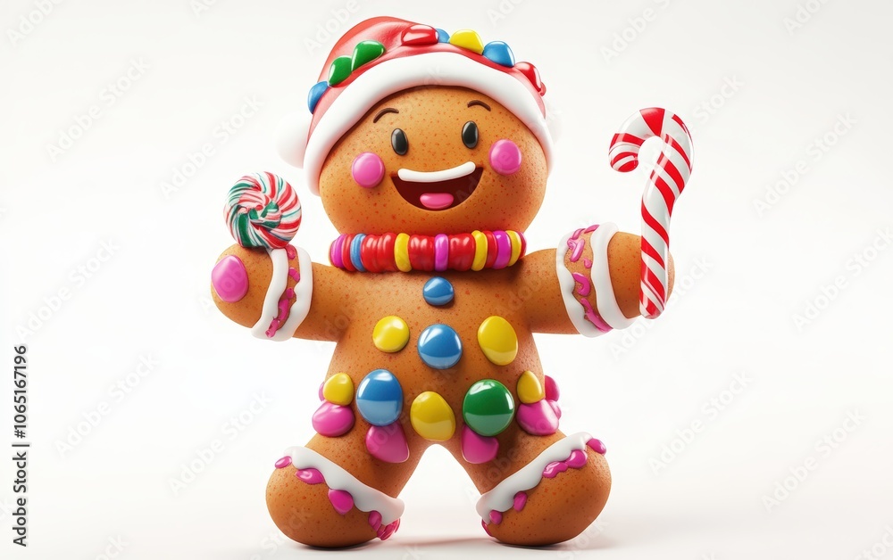 Fototapeta premium 3D Christmas gingerbread man character with icing decorations, smiling warmly and holding a small candy cane, vibrant colors on a white background 