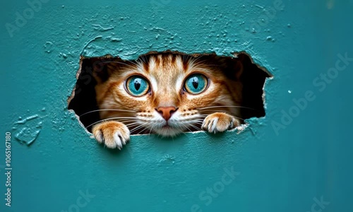 A ginger cat with piercing blue eyes peeks through a hole in the wall