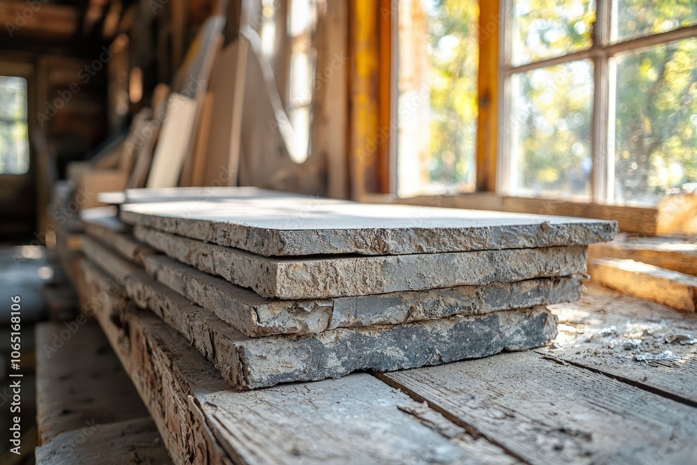 Weathered Concrete Slabs Resting on a Wooden Platform Weathered Concrete Slabs Resting on a Wooden Platform