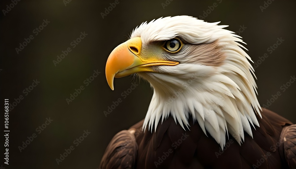 Fototapeta premium Bald eagle close-up showing hooked beak white head feathers piercing eyes against dark background