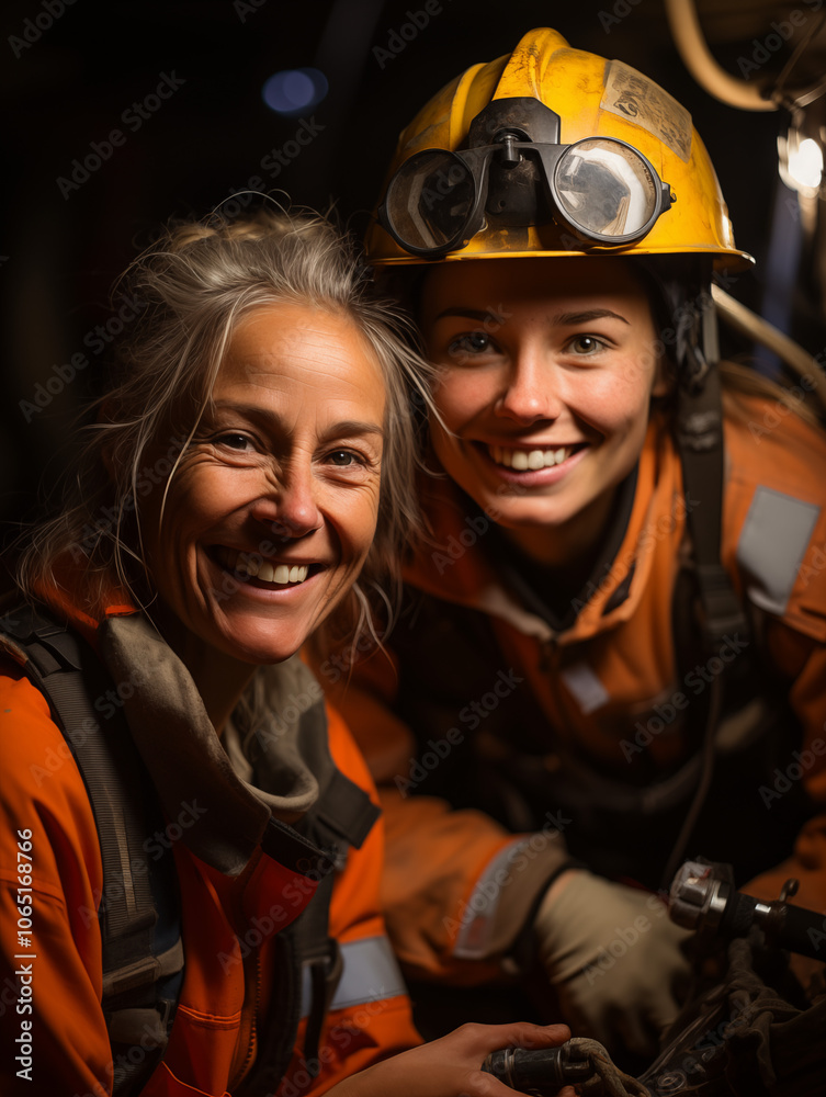 Fototapeta premium Cheerful female miners posing together with smiles in a dimly lit underground setting