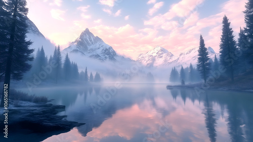 Majestic mountains reflected in a tranquil lake at sunrise with pink sky creating a serene wellness atmosphere