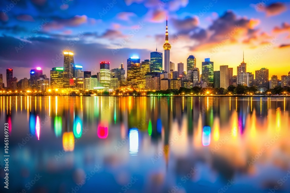 Obraz premium City Skyline Water Bokeh AI Photo