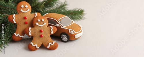 Christmas card with three gingerbread fir and one of them on car