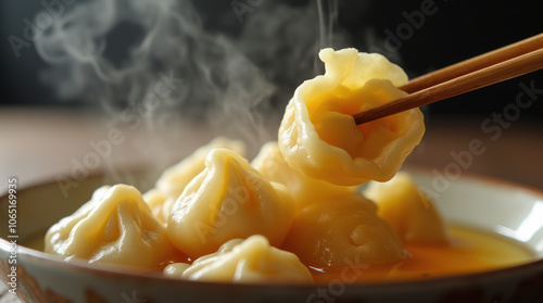 Steaming Pelmeni Macro Shot with Vinegar and Chopsticks photo