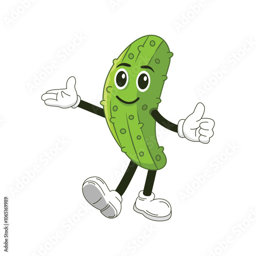 Pickles cartoon mascot with thumb up hand and smiley face. Retro style, groovy style, vintage mascot, character food. Vector illustration