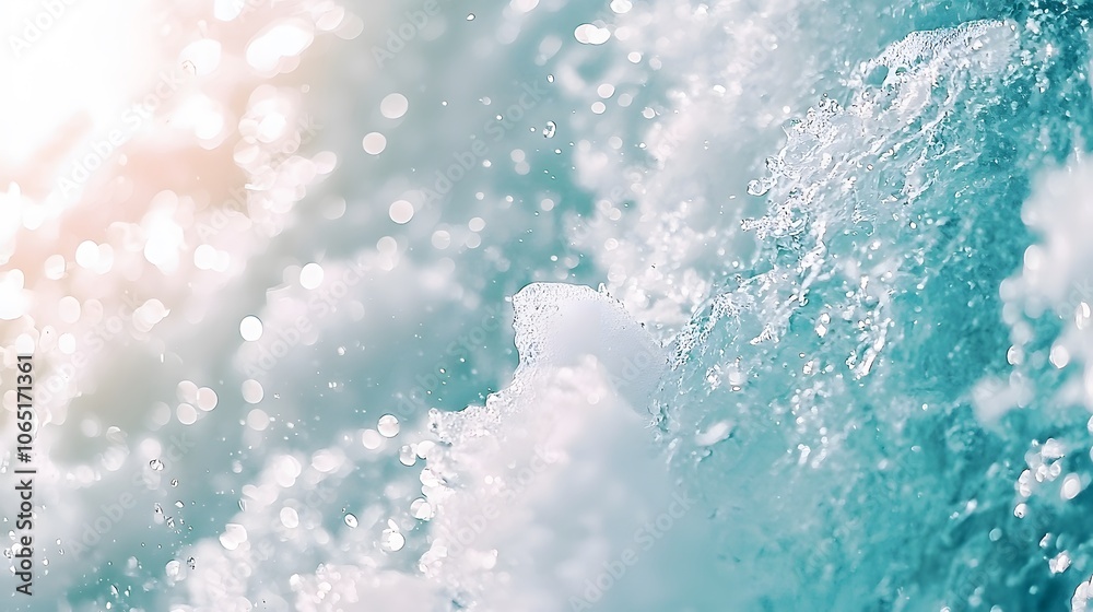 Fototapeta premium Turquoise Rapids : River water. Here, the river rushes through rocky terrain. The water churns, creating frothy whitecaps. Sunlight filters through the spray, casting a magical glow. The copy 