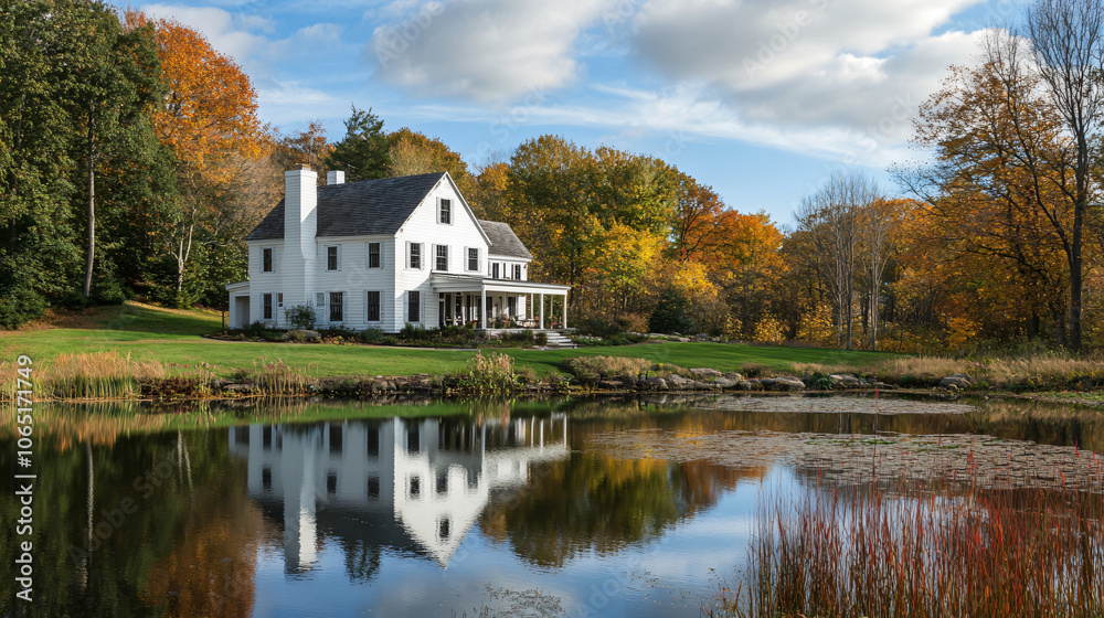 Obraz premium A serene farmhouse with a pond nearby, reflecting the beauty of autumn during Thanksgiving.A serene farmhouse with a pond nearby, reflecting the beauty of autumn during Thanksgiving.
