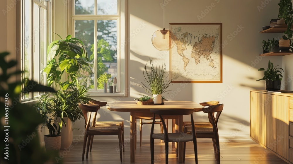Obraz premium Bright and Inviting Modern Dining Room with Plants and Natural Light