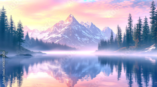 Majestic mountains reflected in a tranquil lake at sunrise with pink sky creating a serene wellness atmosphere