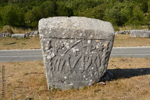 Necropolis Velika and Mala Crljivica (Big and Small Crljivica) near the village of Cista Velika in Croatia with tombstones decorated with intricate carvings photo