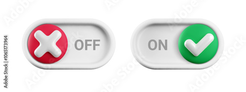 Vector cartoon 3d turn on and off switch button set. Cute realistic 3d white toggle switch sliders with green yes checkmark and red cross icon. Setting toggle design element for app interface, web.