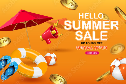 up to 50% off special offer hello summer sale banner,big promotion, shopping discount concept advertising and marketing banner with summer leisure objects vector illustration.