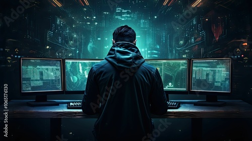 Hacker in dark room, working on computers. photo