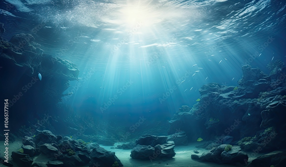 Naklejka premium Sunbeams illuminate underwater rocks and fish.