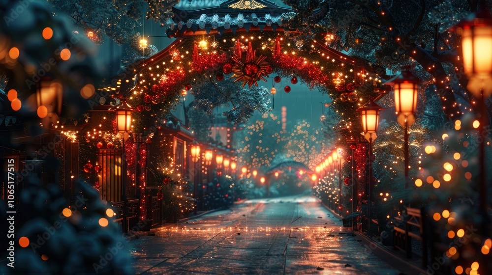 Fototapeta premium Snowy Winter Night with Festive Lights