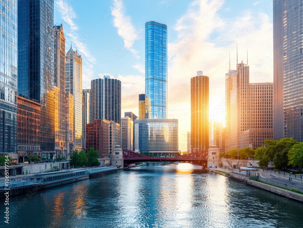 Fototapeta premium Chicago Skyline Captivates Viewers with Stunning Sunset Reflections
