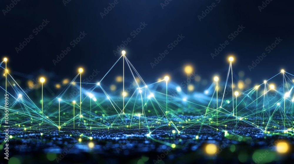Obraz premium Futuristic. Technological Connections. Network. Glowing Points. Triangles. Blue Green.
