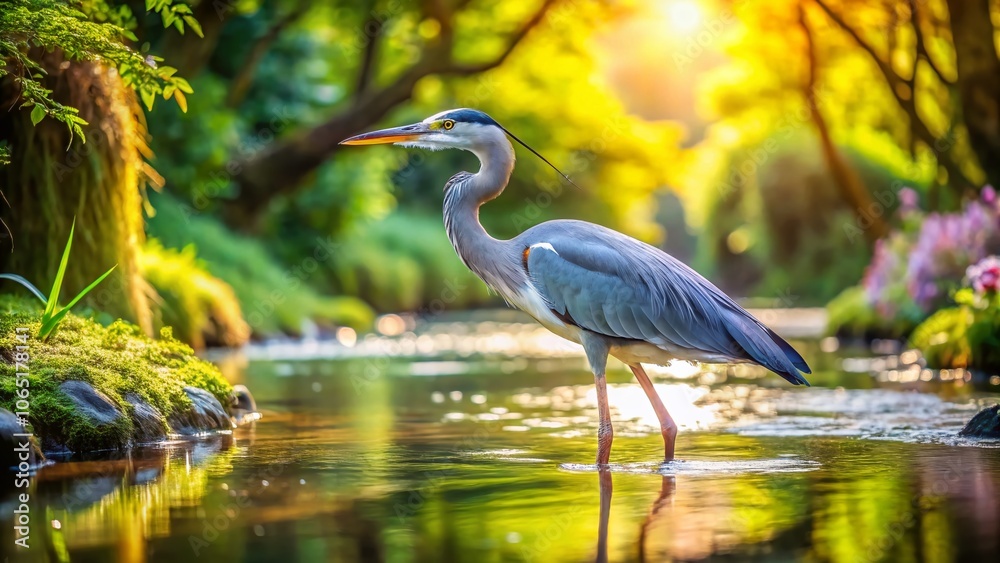 Naklejka premium Bluestemmed Gray Heron foraging for Fish in a Tranquil Stream – Panoramic Nature Photography