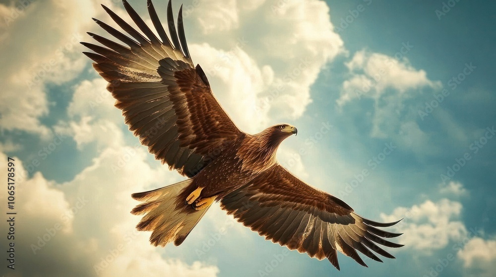 Obraz premium A Golden Eagle Soaring Through a Cloudy Sky