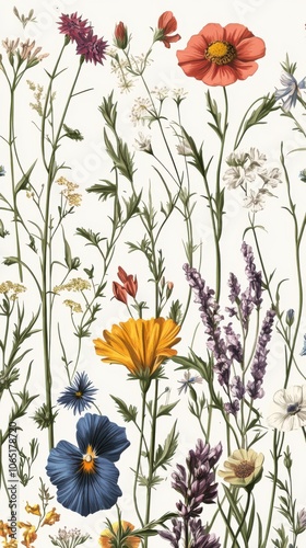 A vibrant floral pattern featuring a variety of colorful wildflowers in shades of yellow, purple, and green.