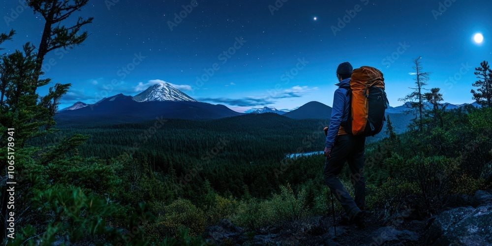 Fototapeta premium Male hiker is walking into a forest at night, surrounded by a beautiful and mysterious atmosphere. 