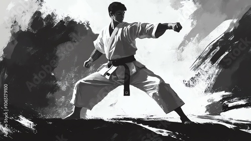 Dynamic martial artist performing a powerful karate stance in monochrome artwork. photo