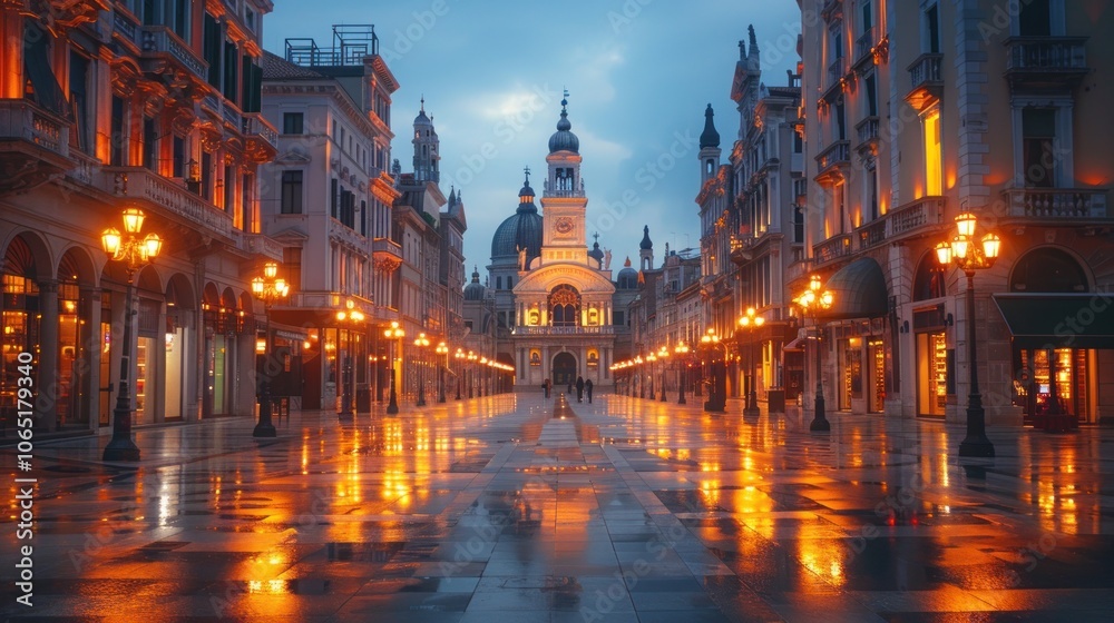 Naklejka premium Evening Stroll Through a European City