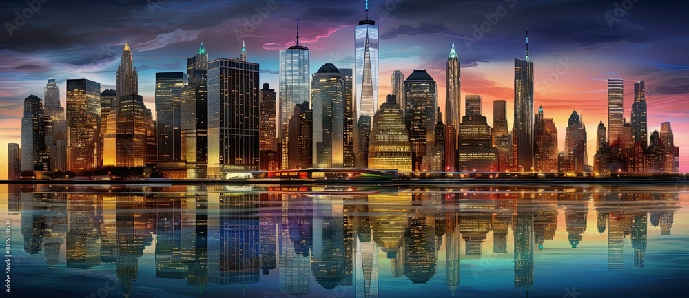Naklejka premium City skyline reflected in water at sunset.