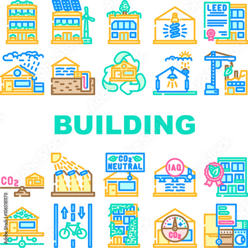 green building sustainability eco icons set vector. efficiency renewable, friendly, insulation solar, leed, passive, biophilic, recycled green building sustainability eco color line illustrations