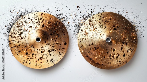 An artistic depiction of cymbals with musical notes in motion, capturing the vibrant and dynamic essence of sound and creativity in an energetic burst of art. photo