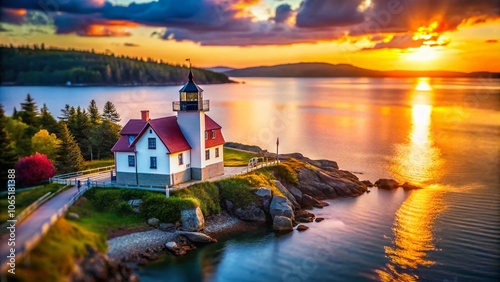 Curtis Island Lighthouse bathed in golden sunset, miniature from above. photo