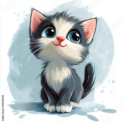 Adorable black and white kitten with bright blue eyes