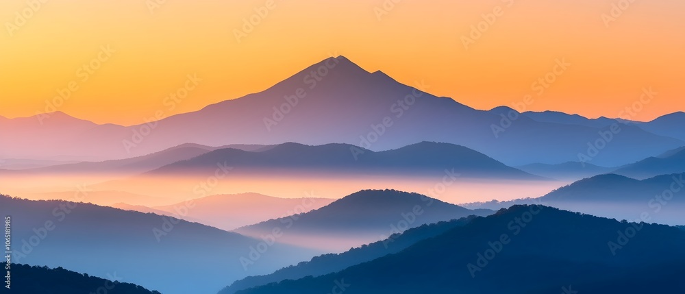 Obraz premium Breathtaking mountain landscape at sunrise with mist rolling through the valleys and golden sunlight casting soft highlights on the rugged peaks A tranquil and natural scene
