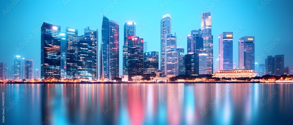 Fototapeta premium Captivating cityscape of illuminated skyscrapers and waterfront reflections in shades of blue and white showcasing the modern futuristic and dynamic urban landscape at night