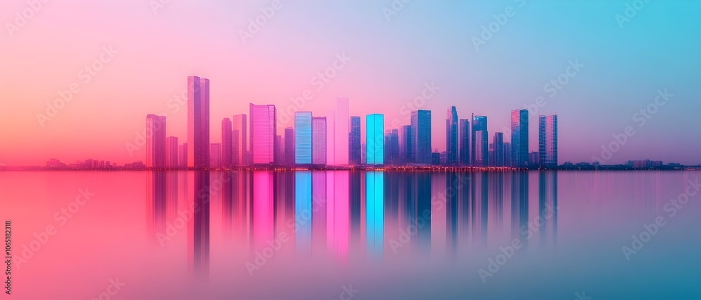 Fototapeta premium Captivating cityscape of towering skyscrapers casting colorful reflections on the still surface of a peaceful river creating a mesmerizing and harmonious night scene