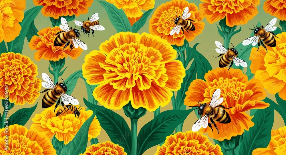 Golden marigold patch illustration with bees buzzing and bright colors Golden marigold patch illustration with bees buzzing and bright colors