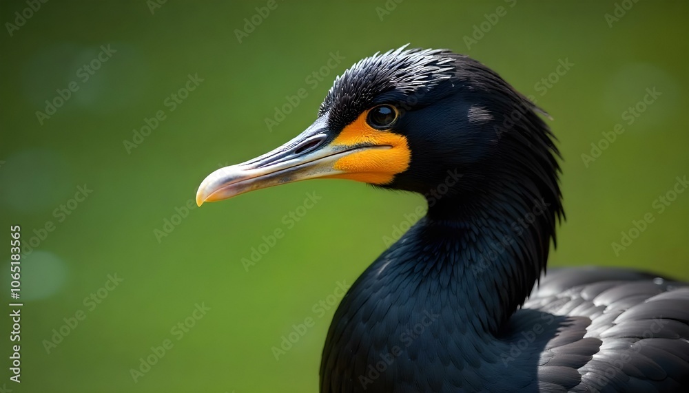 Fototapeta premium Close-up portrait of black orange beak and glossy feathers against a soft green blurred background,