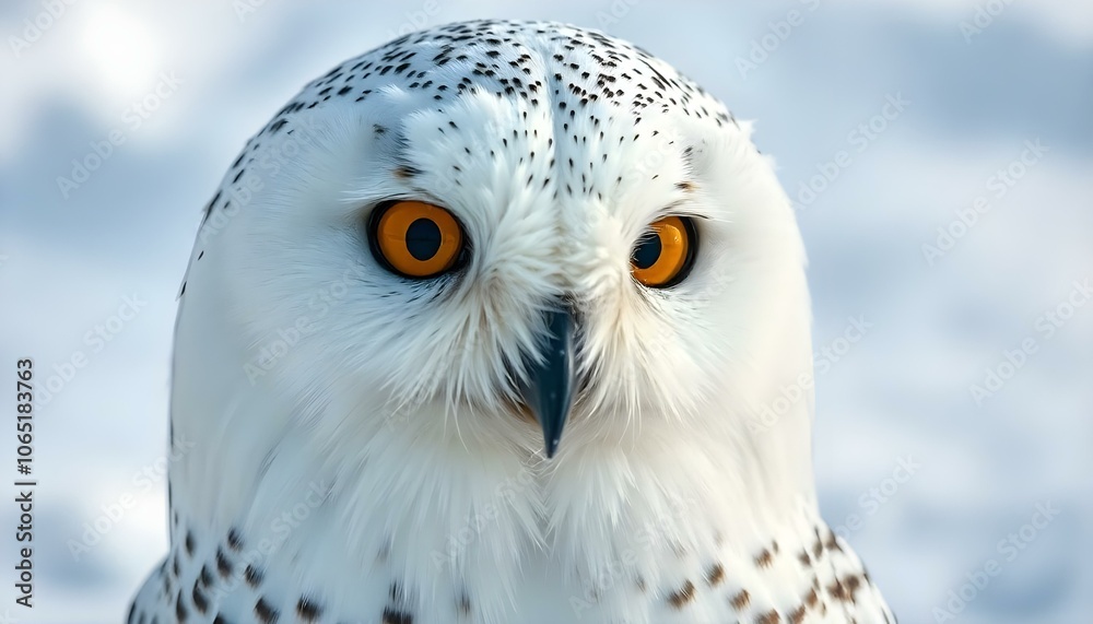Obraz premium Close-up of female snowy owl with bright yellow eyes set against a serene snowy scene