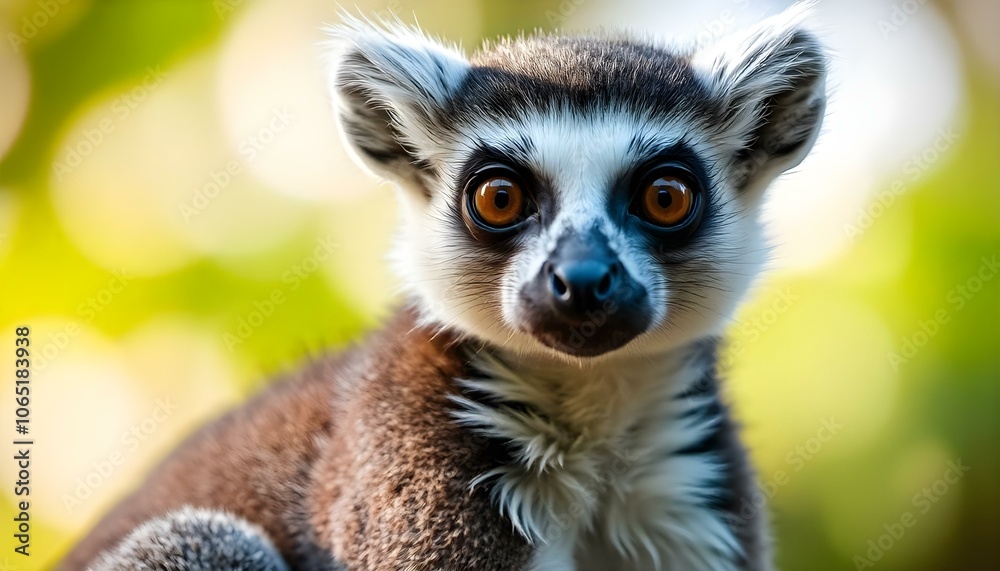 Obraz premium Close-up portrait of ring-tailed lemur featuring large eyes and playful demeanor with ringed tail