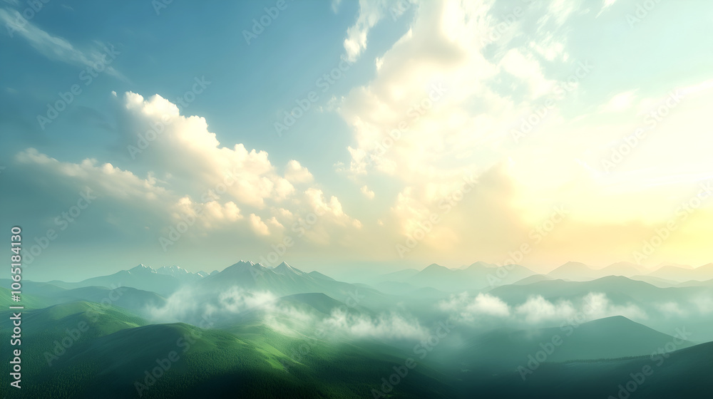 Obraz premium Expansive mountain landscape with misty valleys and soft sunlight illuminating rolling hills and clouds