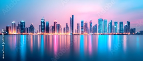 A breathtaking panoramic view of a modern city skyline with glowing skyscrapers and towers reflected on the calm serene waters of the waterfront at night photo