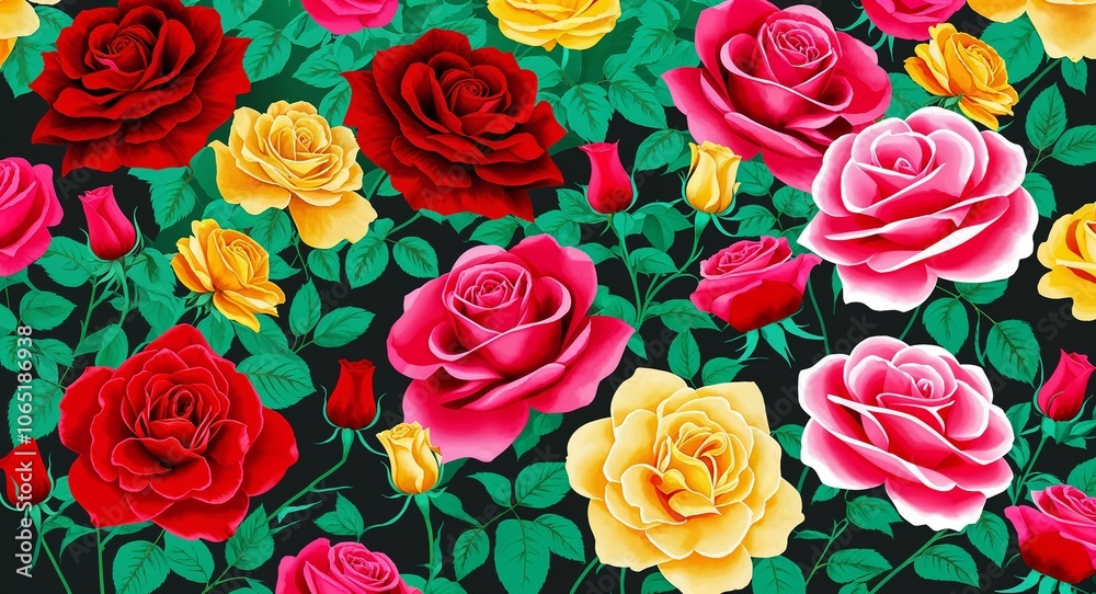 Rose garden illustration with vibrant red pink and yellow roses Rose garden illustration with vibrant red pink and yellow roses