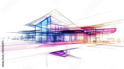 A professionally rendered architectural sketch of a futuristic house, colorized lines emphasize structural elements on a white canvas