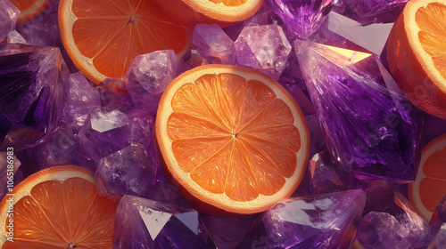 A several slices of orange placed among numerous purple crystals. The orange slices are vibrant and fresh, with visible segments and a textured peel