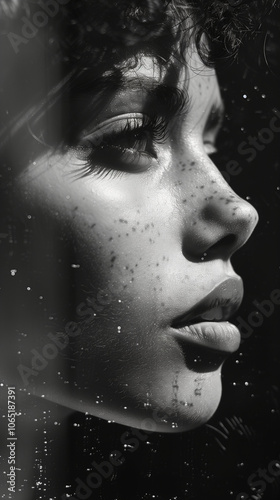 Close-up black and white portrait of a woman's face
